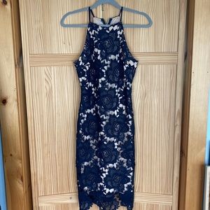 Navy lace wedding guest dress